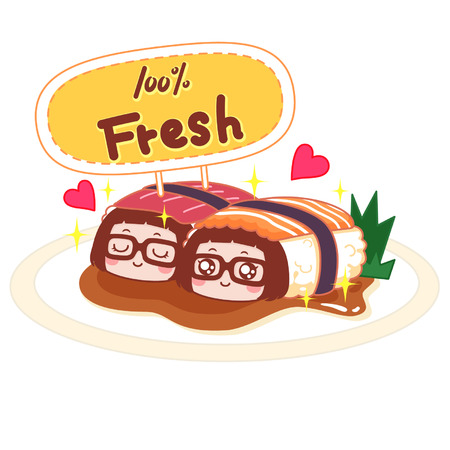Cartoon girls in fresh sushiのイラスト素材