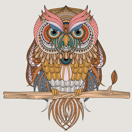 sumptuous owl coloring sitting on branch.のイラスト素材