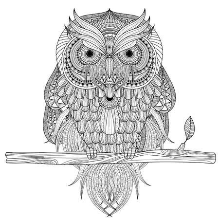 sumptuous owl coloring sitting on branch.のイラスト素材