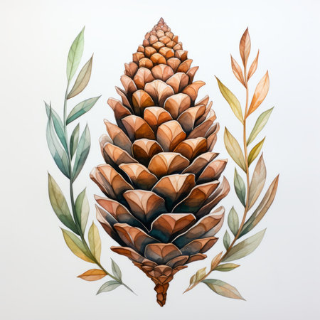 Pine cone with leaves and branches on a white background. watercolor illustrationの素材