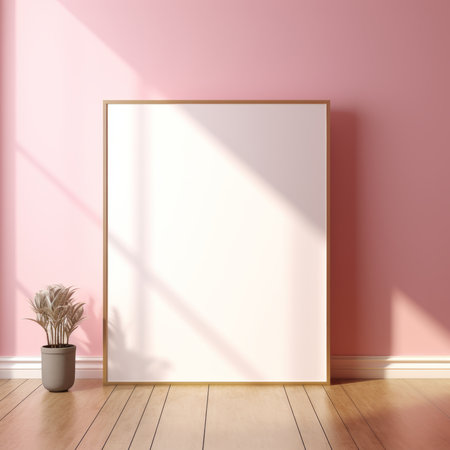Interior of modern living room with pink walls, wooden floor and white mock up poster frame. 3d renderingの素材