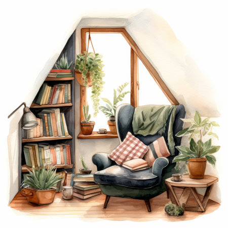 interior with armchair, bookshelf, plants and windowの素材