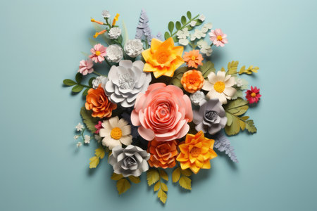 Colorful paper flowers bouquet on blue background. Flat lay, top viewの素材