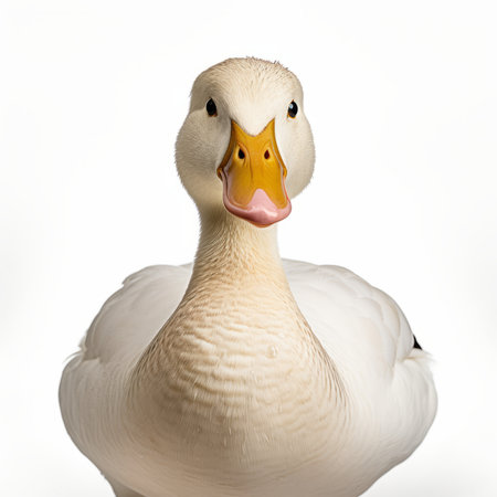 Close-up of a white duck isolated on a white background.の素材