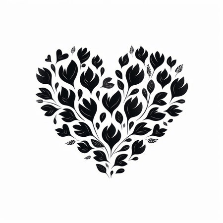 Black and white floral heart. Vector illustration isolated on white background.の素材