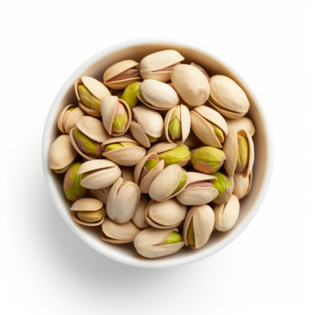 Bowl of pistachios isolated on white background, top viewの素材