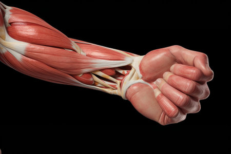 Human muscle anatomy isolated on black background. Part of human body.の素材