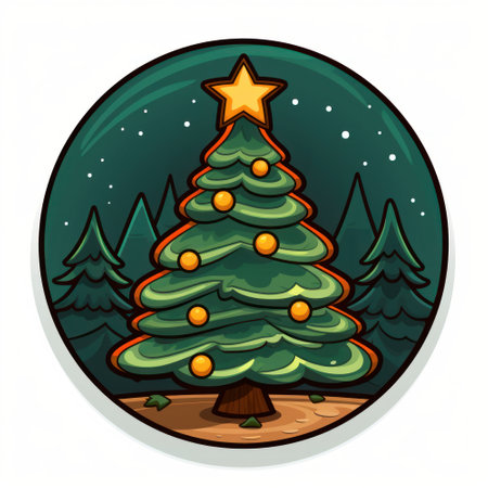 Christmas tree with stars in the forest. Vector illustration in cartoon style.の素材
