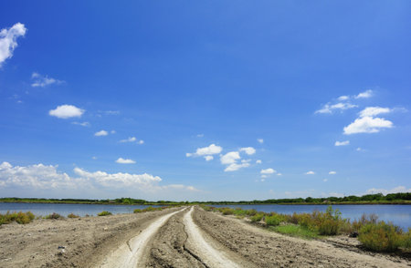 Roads in rural Thailand, Traces of wheel running on a road in rural Thailandの写真素材