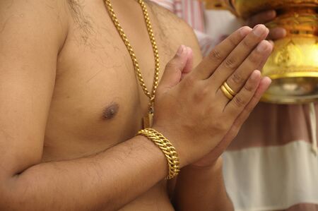 Thai men do not wear a shirt, put gold, adorn the body.のeditorial素材