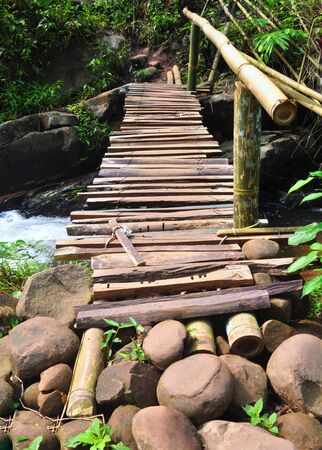 Old wooden bridge across the stream in the forest, Phu Soi Dao National Park, Thailand.の写真素材