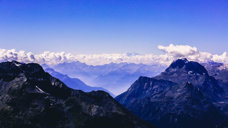 Panorama view of swiss alps in Upper Engadine Canton of Grisons Switzerlandの写真素材
