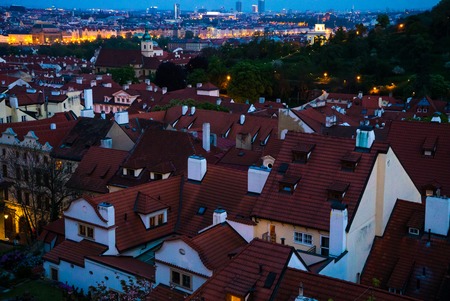 Prague roofs from above. Image of Prague, capital city of Czech Republic, during twilight blue hour.の写真素材