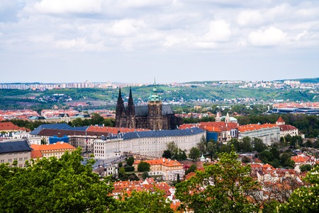 Panorama of Vltava and Charles Bridge from above on sunny dayの写真素材