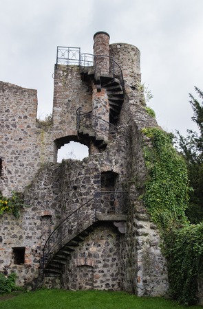 An ancient ladder at the old stone castle outsideの写真素材