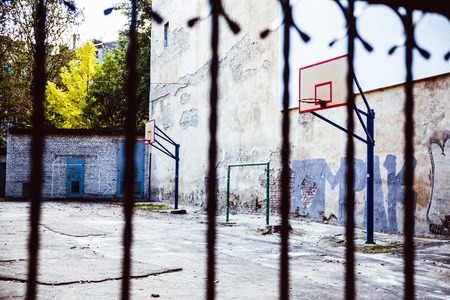 abandoned Basketball court backyard with concrete floorの写真素材