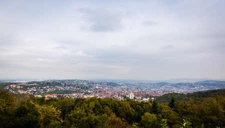 View over Stuttgart Germany, Panorama with inner-city, Schlossplatz, Koenigstrasse, and central station.の写真素材