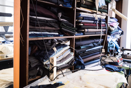 Interior of a deserted tailors shop with work benches and equipment, sewing machine and yarn