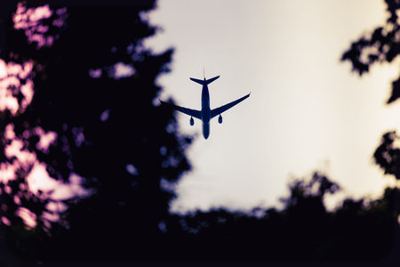 dark silhouette of airplane flying over the blue skies and trees, vintage retro lookの写真素材