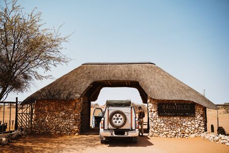 entrance gate to the bagatelle kalahari game ranch in Namibiaの写真素材