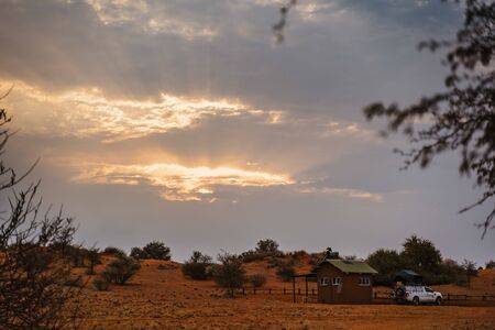 Tent located on the roof of a pickup 4x4 car in a desert camp Ranchの写真素材