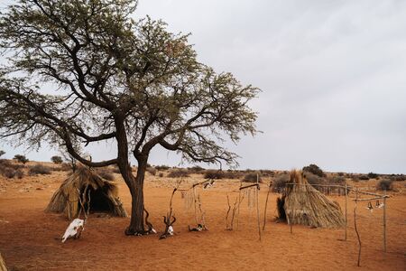 wideangle photo of African village huts with tents in the desertの写真素材