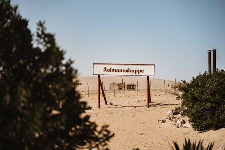 town sign at the abandoned diamond mining town of Kolmanskopの写真素材