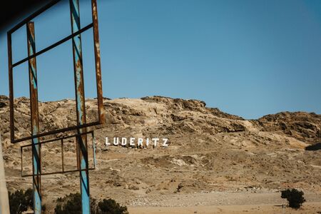 The Luderitz sign on the rocks at the entrance to the city, Namibiaの写真素材