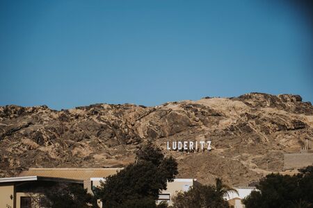 The Luderitz sign on the rocks at the entrance to the city, Namibia, Africaの写真素材