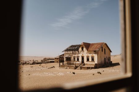 wideangle view of ghost town of Kolmanskop Luderitz in Namibiaの写真素材