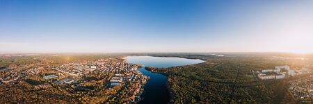 panorama drone photo of the Muggelsee Berlin Friedrichshagen at sunriseの写真素材