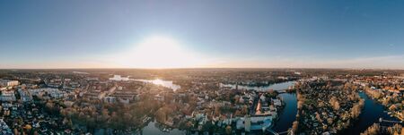 panorama drone photo of the old city Kopenick Berlin at sunriseの写真素材