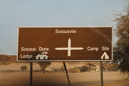 Sign with Deadvlei and sossus dune lodge in Namib Desert, Sossusvlei, Namibiaの写真素材