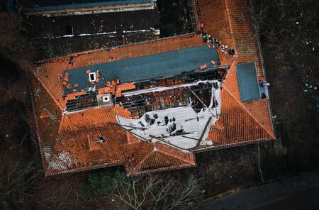 aerial drone view of damaged house Roofの写真素材