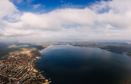 wideangle panorama photo of Muggelsee and Friedrichshagen south east Berlinの写真素材
