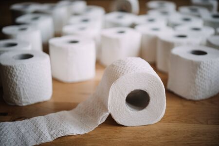 Stack of white tissue toilet paper rollsの写真素材