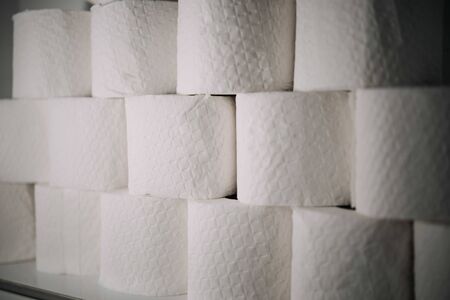 Close-up of a pyramid wall made from toilet paper rollsの写真素材