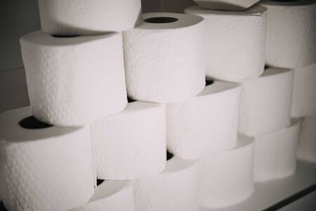 Close-up of a pyramid wall made from toilet paper rollsの写真素材