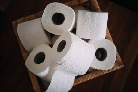 several toilet paper rolls in a boxの写真素材