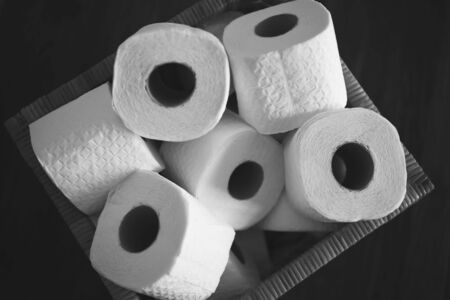 several toilet paper rolls in a box, black and whiteの写真素材