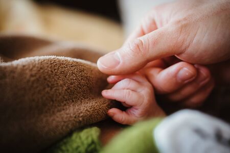 close up photo of newborn babys hand and fatherの写真素材