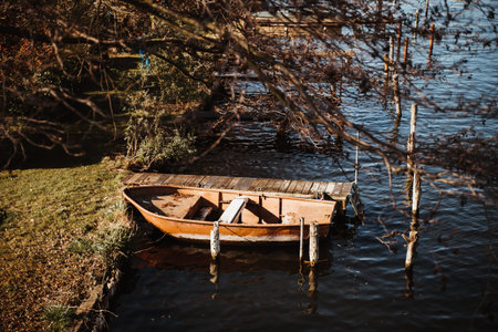 lonely moored rowboat on shore of a lake