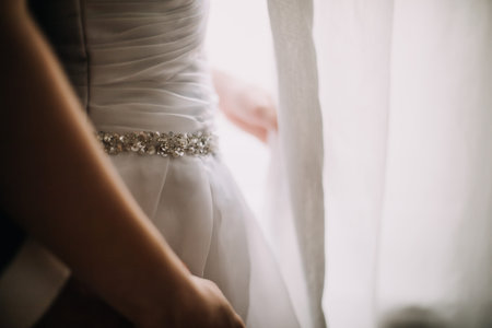 closeup of white elegant fashionable bride dress