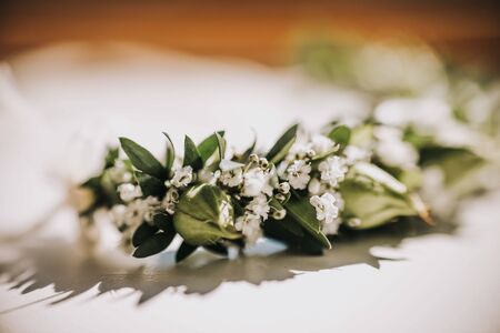 flower bracelets for Hands decoration an a wedding day, close-up macro shotの写真素材