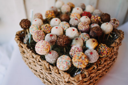 photo of chocolate lollipops in a basketの写真素材