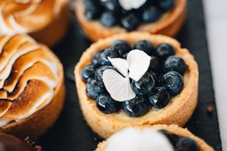 photo of many delicious blueberry small tartsの写真素材