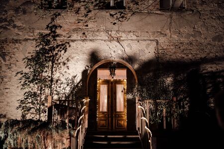 an old house door with Christmas lightsの写真素材