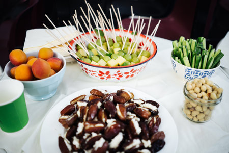 food in plates on a table in the houseの写真素材