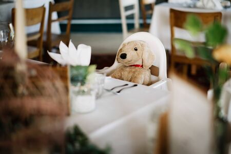 a teddy bear sitting at at a table chairの写真素材