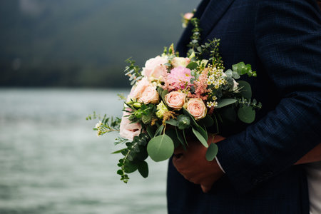 a bride and a groom at the lake